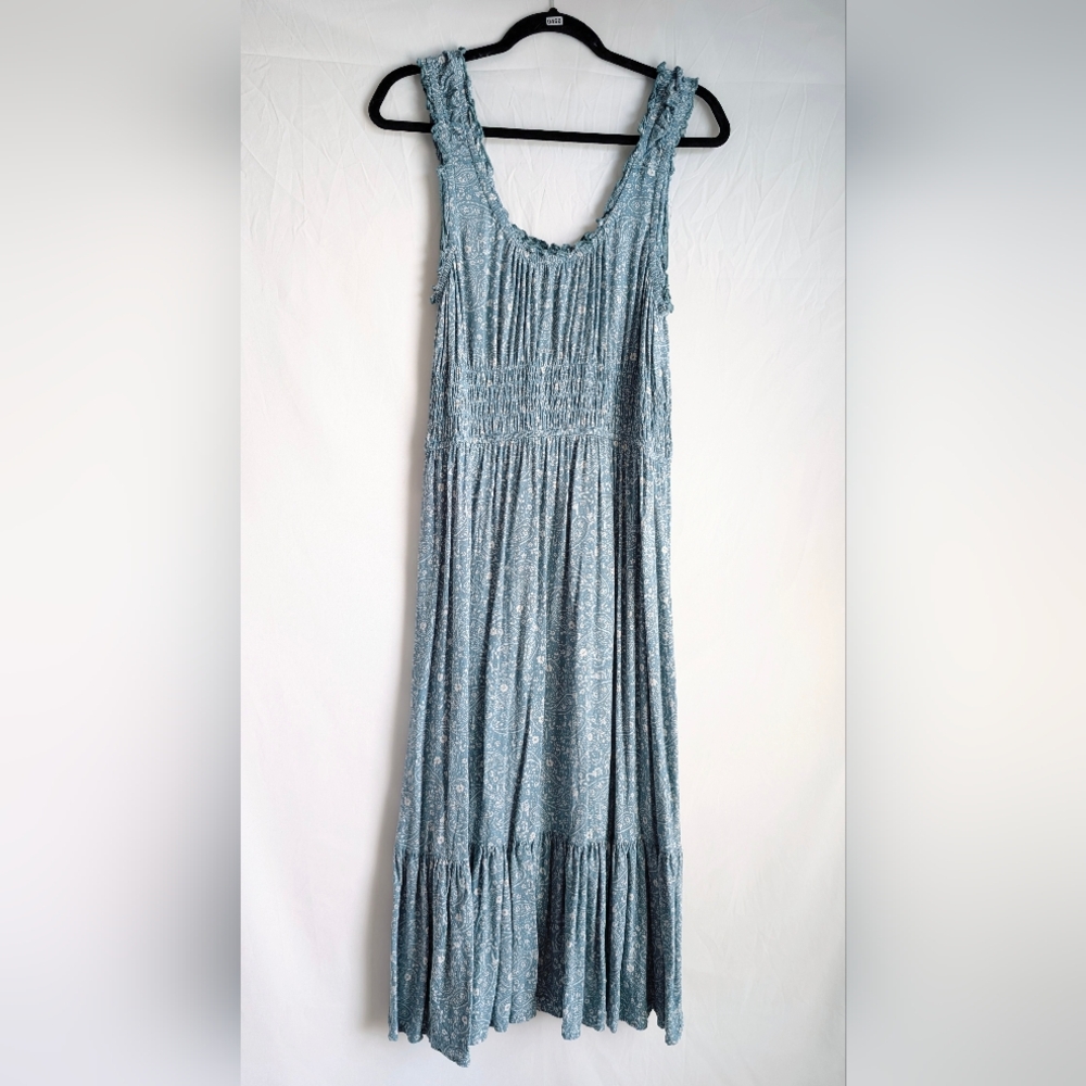 Patrons of Peace Blue Paisley Boho Midi Dress Smocked Waist XL India